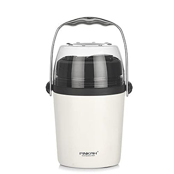 PINKAH 950ml Double Wall Stainless Steel Insulated 2 Layer Lunch Box with Foldable Spoon (White)