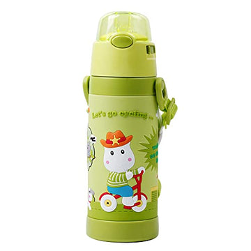 Pinkah - 3D Cartoon Sleeve Vacuum Insulated Stainless Steel for Children with Straw and Strap (Olive Green)