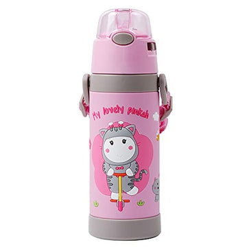 Pinkah - 3D Cartoon Sleeve Vacuum Insulated Stainless Steel for Children with Straw and Strap (Pink)