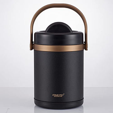 PINKAH 2L Double Wall Stainless Steel Insulated 2 Layer Lunch Box with Handle (Black)