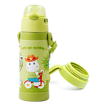 Pinkah - 3D Cartoon Sleeve Vacuum Insulated Stainless Steel for Children with Straw and Strap (Olive Green)