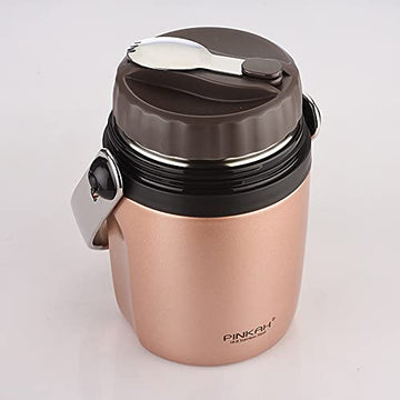 PINKAH 950ml Double Wall Stainless Steel Insulated 2 Layer Lunch Box with Foldable Spoon (Metallic Copper)