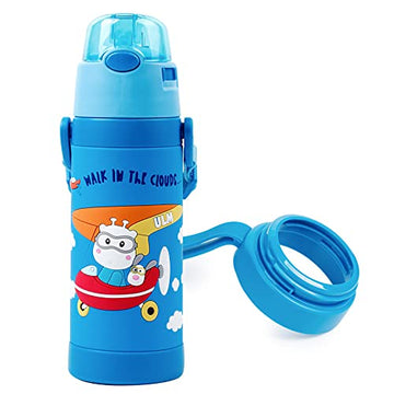 Pinkah - 3D Cartoon Sleeve Vacuum Insulated Stainless Steel for Children with Straw and Strap (Blue)