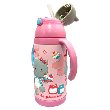 PINKAH 380ML 3D Cap & Cartoon Design Vacuum Stainless Steel Bottle for Kids. (Tedy-PNK)