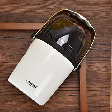 PINKAH 950ml Double Wall Stainless Steel Insulated 2 Layer Lunch Box with Foldable Spoon (White)