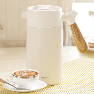 PINKAH 1400ML Double Wall 304 Stainless Steel Powder Coated Thermal Coffee Carafe with Handle (White)